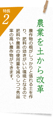特長2 農業を土から改革 農作物の根がしっかりと張れる土を作り、肥料の効きがいい環境となるので肥料や農薬の使用量を減らしつつ秀品率の高い農作物ができます。